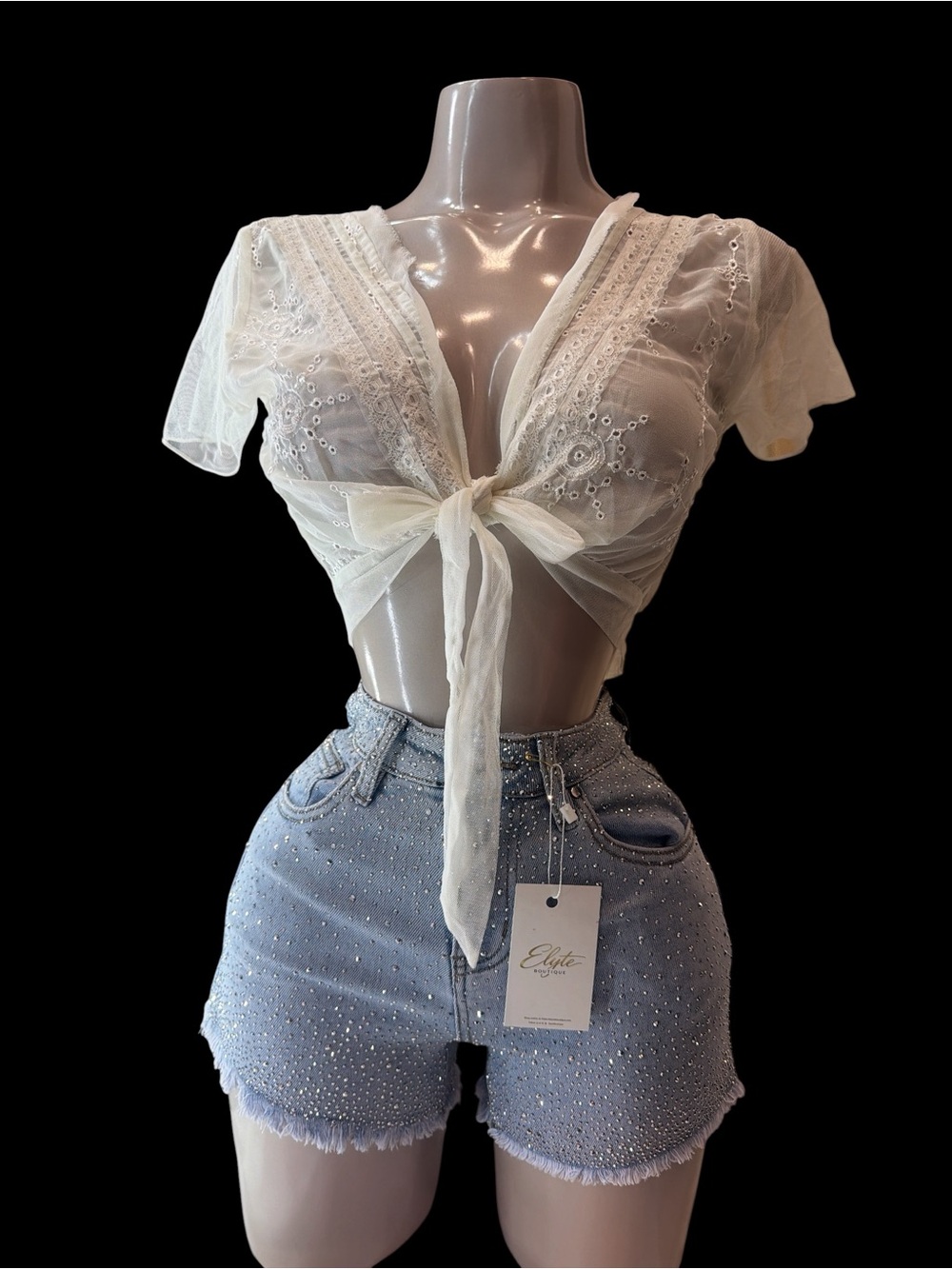 Vintage rare Sheer Tie-Front Embroidered Crop Top - off -White